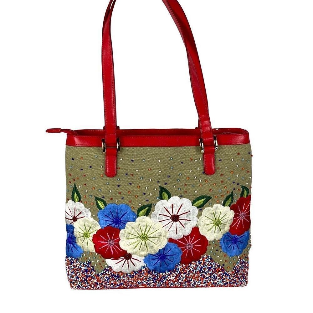 Vintage ERMO Embroidered Heavily Beaded Floral Shoulder Bag Purse Top Zip